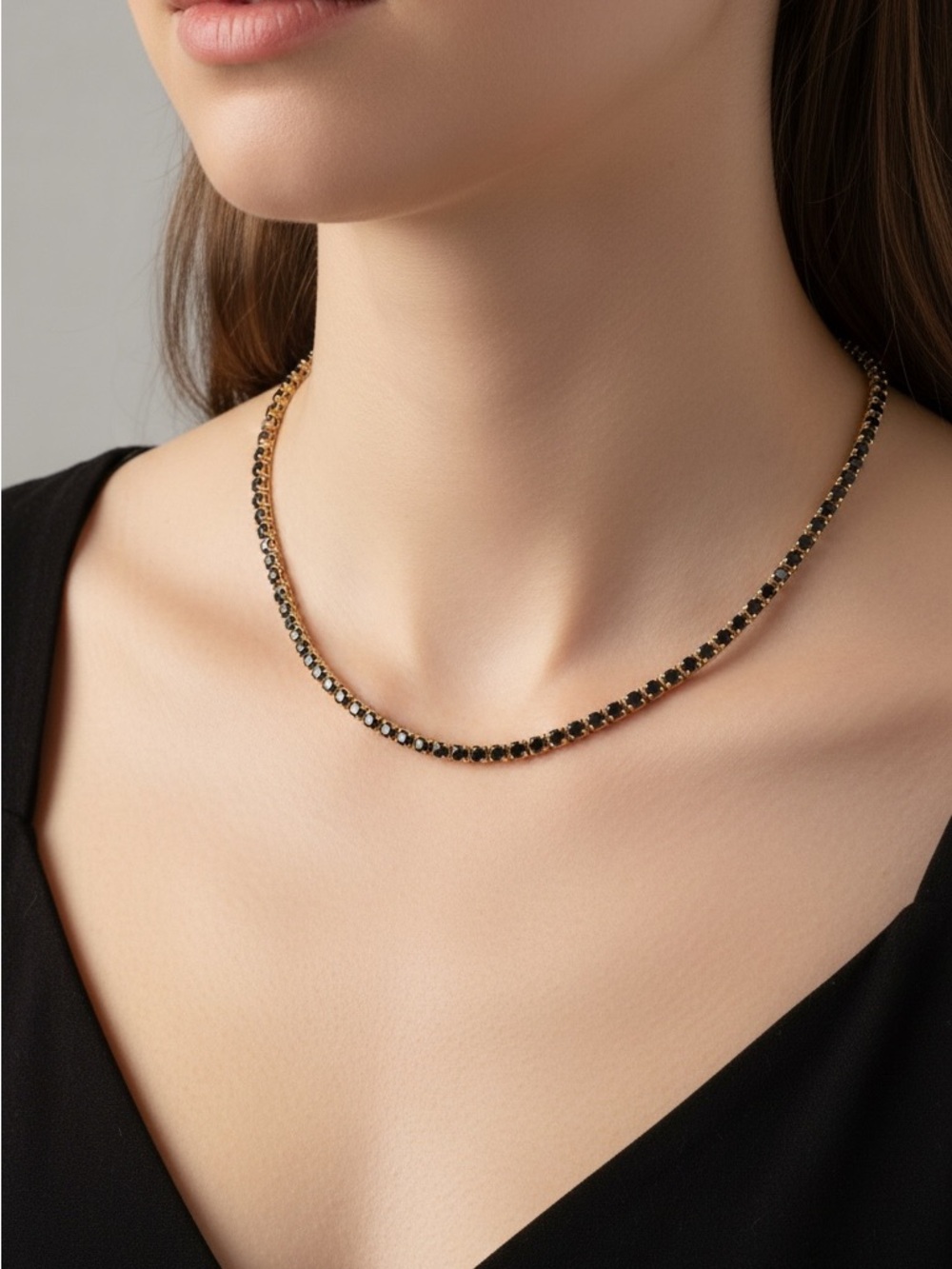 18k Gold Plated Tennis Chain Necklace with Black CZ Gems. New.